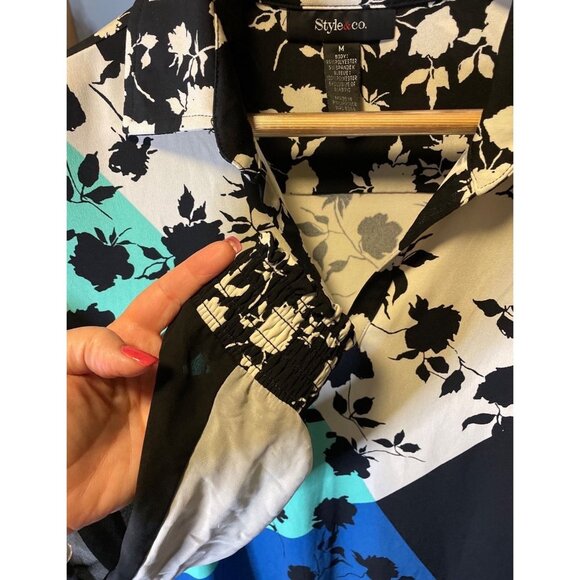 Style & Co Black White Blue Green Patterned V Neck Sheath Long Sleeve Dress Sz M - Picture 4 of 9